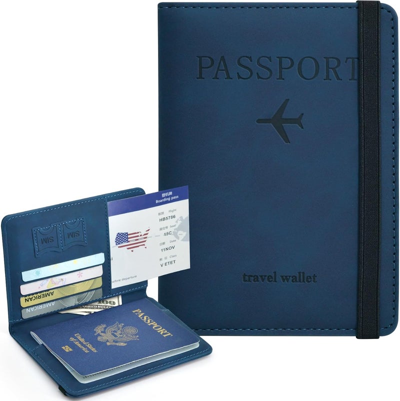 KAOBAN Passport Holder, Passport Cover with Credit Card Slot and Boarding Pass Slot Combo, Passport Wallet Case Book Travel Must Have, RFID Blocking Leather Travel Accessories, Navy Blue - Image 2
